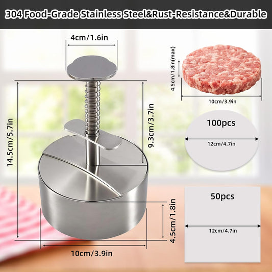 304 Stainless Steel Burger Press, Heavy Duty Adjustable Hamburger Meat Press Maker, Non-Stick Stuffed Patty Molds with150 PCS Hamburger Patty Paper for Beef, Vegetables, Meat, BBQ, Party Grill