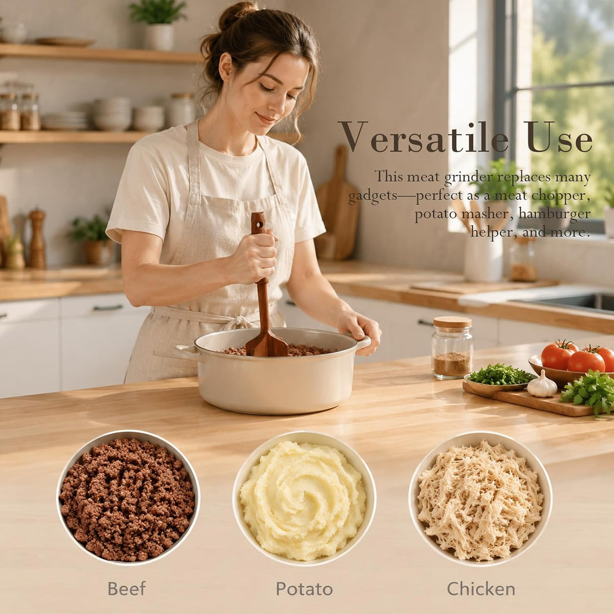 VAESIDA Wooden Ground Beef Masher/Chopper Tool, Solid Wood Meat Smasher