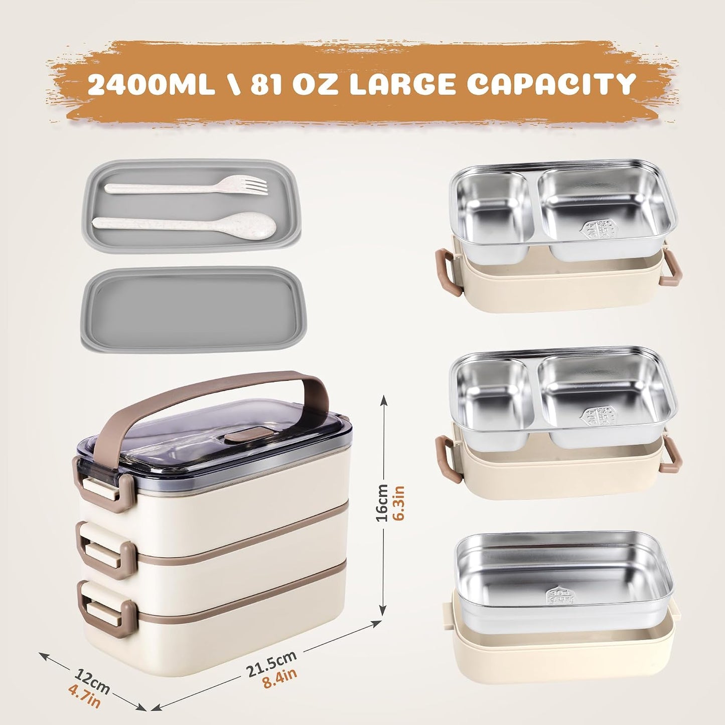 Stainless Steel Bento Box for Adults&Kids,Japanese Leakproof Lunch Box Divided Food Meal Storage Containers Set Stackable 2 Layer for Children School Picnic Beige