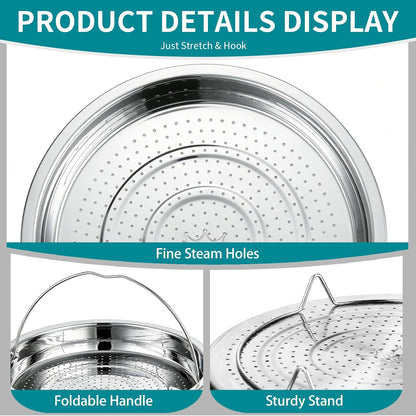 Broccoli Steamer Basket, Stainless Steel Vegetable Steamer Basket, for Steaming Food, with Foldable Handle and Stable Stand, Fine Steam Holes, Non-Rust, Ideal for Veggie and Most Pots