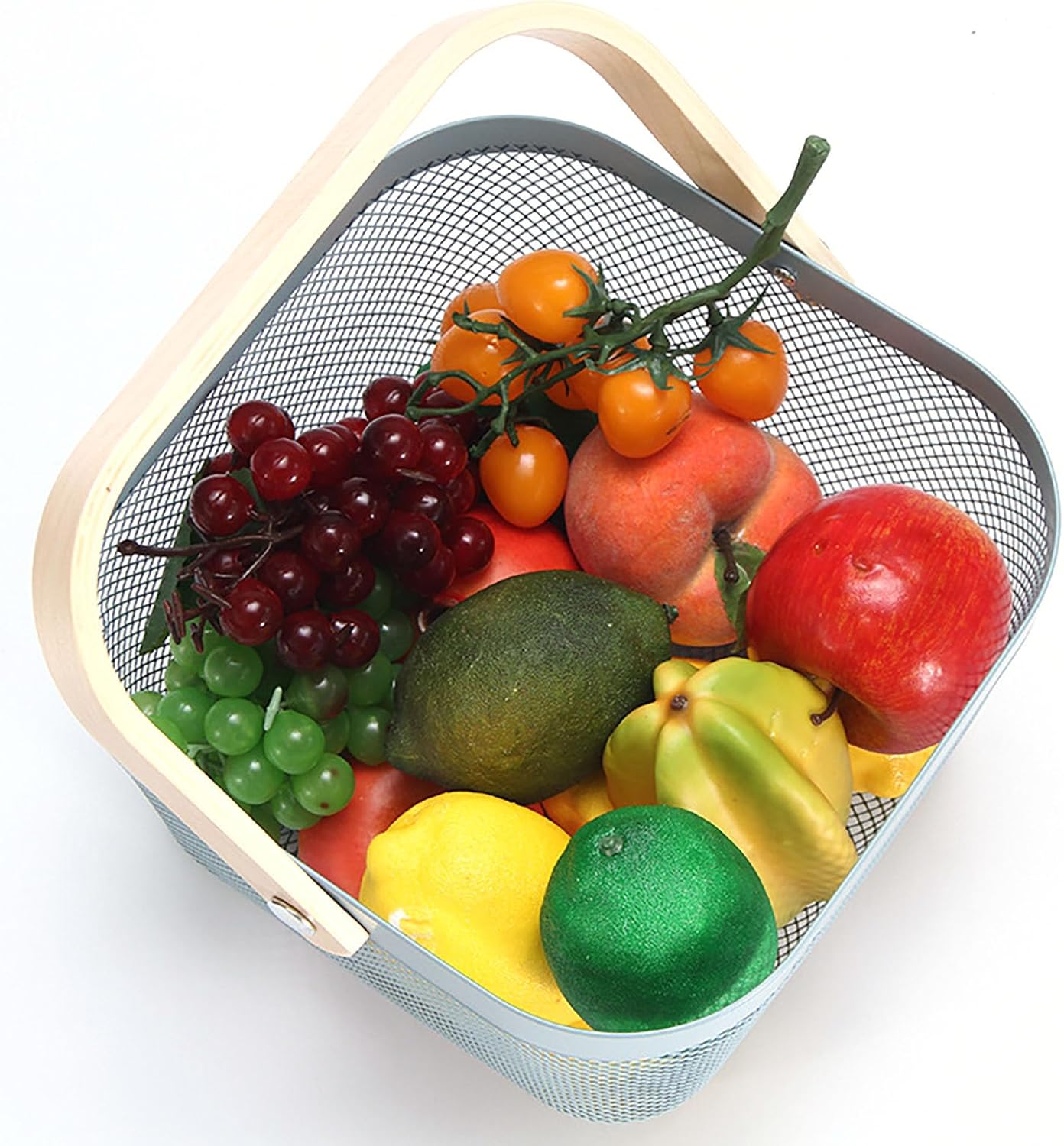 Cheardia 2 Pack Picnic Baskets, Metal Mesh Harvest Basket with Foldable Wooden Handle, Rectangle Garden Storage Basket Bin for Vegetable Fruit Garden Kitchen Cabinet Picking Gathering