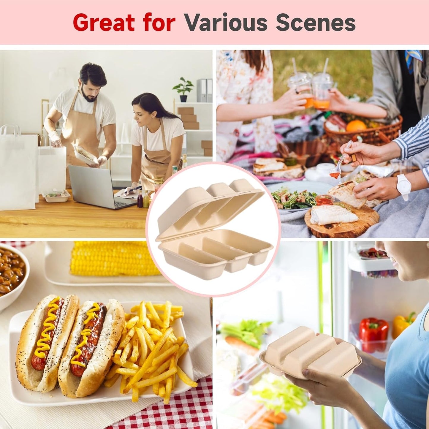 100 PCS Taco Plates Disposable with Lid 8.4 * 7.1 * 3in, 3-Slot Taco Holder, Bagasse Pulp Takeout Food Holders for Tacos, Hot Dogs, Sandwiches, Outdoor Lunch and Party Serving (100Pcs)