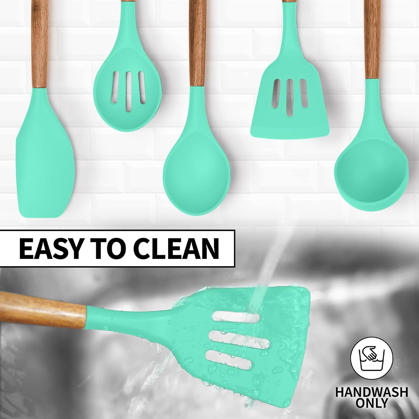Zulay Kitchen Utensils Set Non-Stick Silicone Cooking Utensils Set with Authentic Acacia Wood Handles - 5 Piece Silicone Utensil Set - Kitchen Utensils Set with 464°F Heat Resistance - Gray