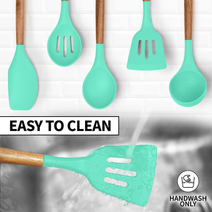 Zulay Kitchen Utensils Set Non-Stick Silicone Cooking Utensils Set with Authentic Acacia Wood Handles - 5 Piece Silicone Utensil Set - Kitchen Utensils Set with 464°F Heat Resistance - Gray