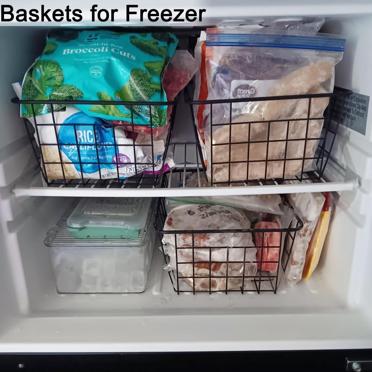 3 Pack Large Wire Baskets for Organizing 14.2'' Metal Wire Baskets with Built-in Handles, Wire Storage Basket Black Metal Freezer Organizer Wire Basket for Pantry, Cabinets, Bathroom