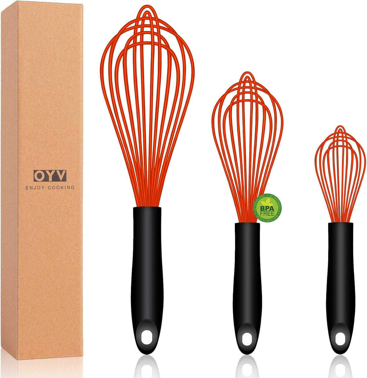 OYV Dishwasher Safe Silicone Whisk, Sealed Waterproof Design Set of 3, Professional Kitchen Whisks for Cooking Non-Scratch, Silicone & Stainless Steel Whisk, Heat Resistant Balloon Egg Beater, Black