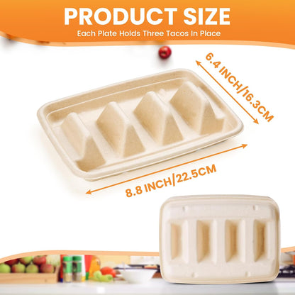 25 PCS Disposable Taco Holders for Party, Bagasse Pulp Fiber Taco Plates with 3 Dividers, Fiesta Taco Tray Holder, Taco Stands for 3 Tacos, Taco Tuesday Lazy Susan Taco Bar Serving Set for Party