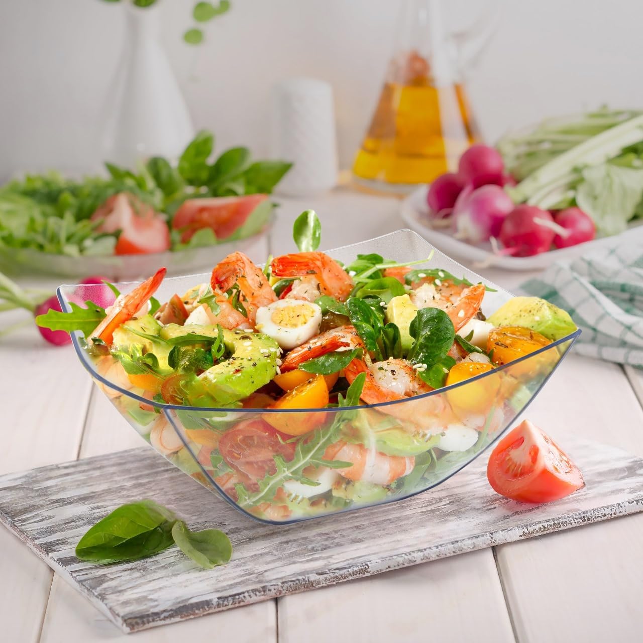 R-kay 6 Pack Square Plastic Serving Bowls - Clear Plastic bowls 16 Oz - Disposable Serving Bowls Heavy Duty For Weddings Catering And Birthday parties