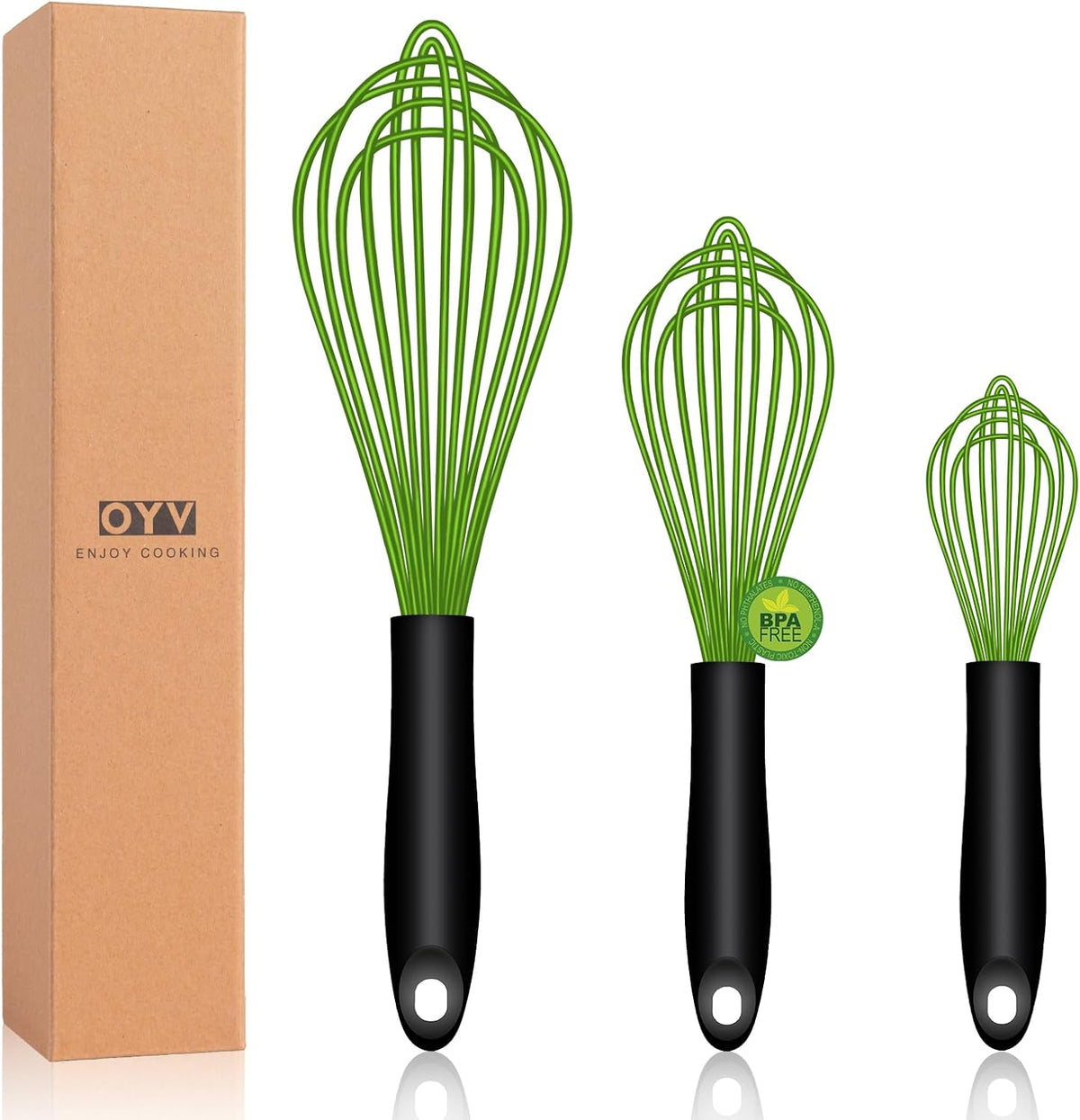 OYV Dishwasher Safe Silicone Whisk, Sealed Waterproof Design Set of 3, Professional Kitchen Whisks for Cooking Non-Scratch, Silicone & Stainless Steel Whisk, Heat Resistant Balloon Egg Beater, Black