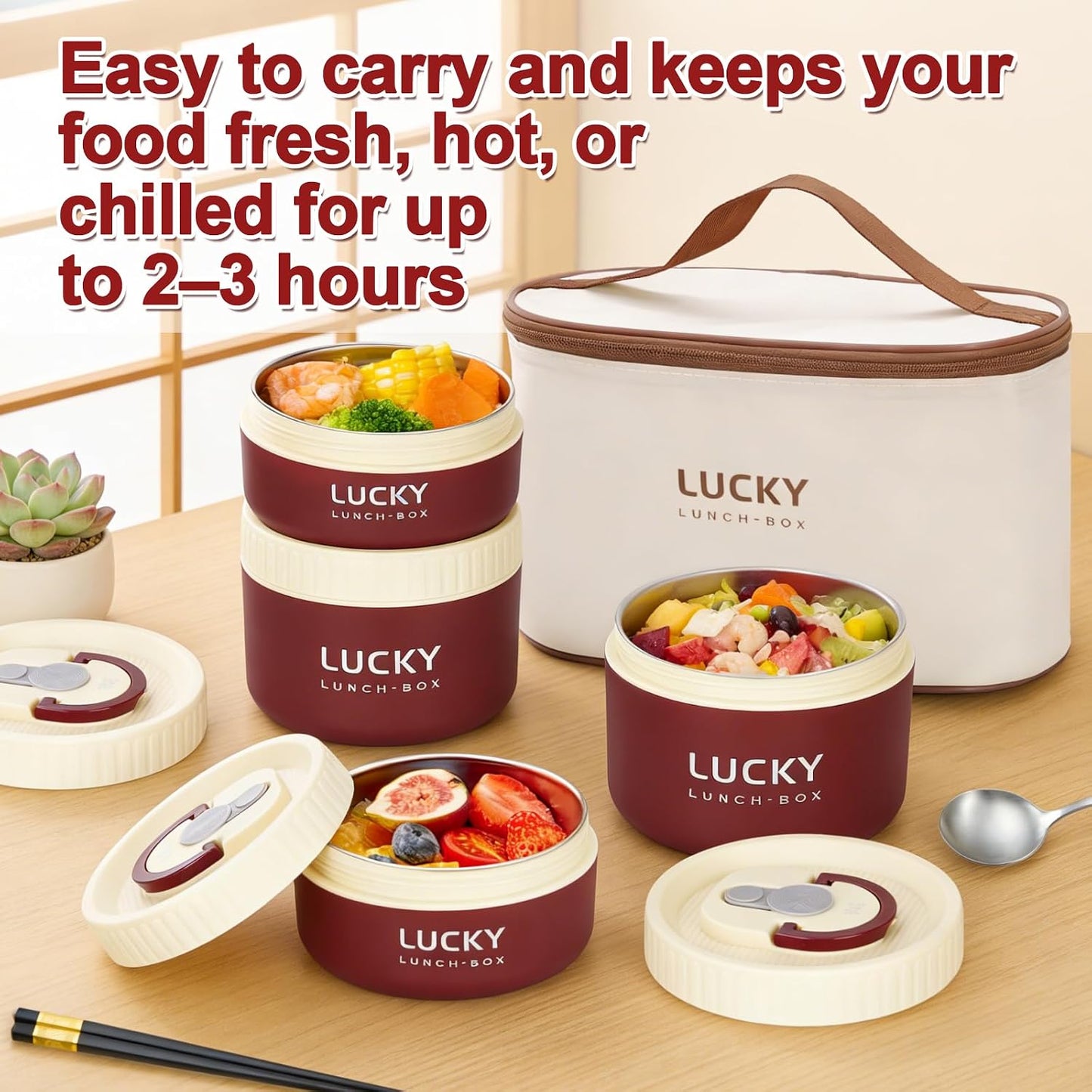 3 Compartments Bento Lunch box with Soup Bowl, Insulated Lunch Bag and Portable Utensils, Stainless Steel Camera Lunch Containers，Leak Proof Bento Box for Kids Adults Men Women…