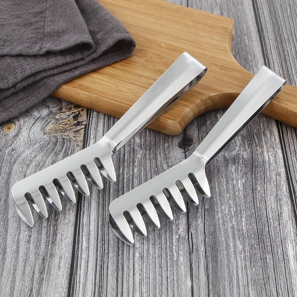 HornTide Stainless Steel Pasta Tongs, Pack of 2 Piece, Teethed Ends Design for Spaghetti Noodle Pastry, Kitchen Serving Tong Set 8-inch 20cm