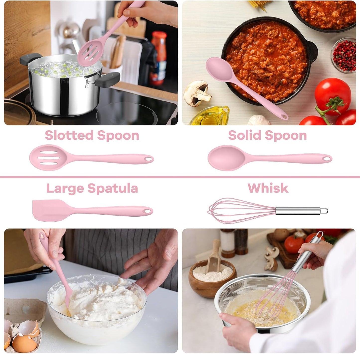 TeamFar Silicone Cooking Utensils Set, 8 PCS Kitchen Utensils Set, 446°F Heat Resistant, Turner, Spatula, Spoon, Whisk, Kitchen Cooking Gadgets Tools for Nonstick Cookware, Dishwasher Safe-Khaki