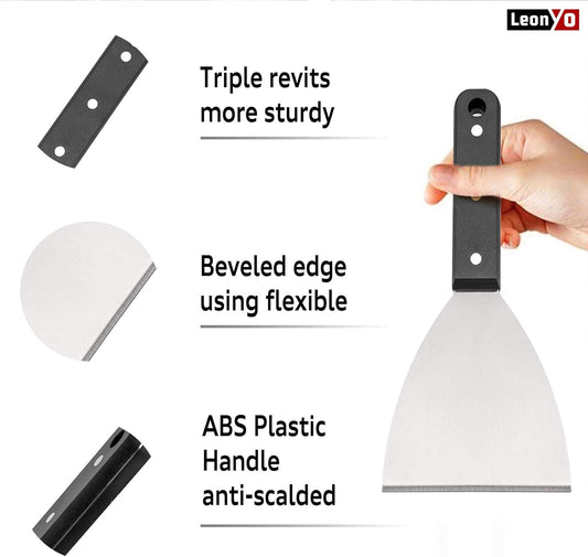 Grill Griddle Scraper Set of 2, Leonyo Stainless Steel Versatile Metal flat Top Grill Scraper for Dough Pancake Pizza Teppanyaki BBQ Home Baking Cooking, Slant Edge & Dishwasher Safe