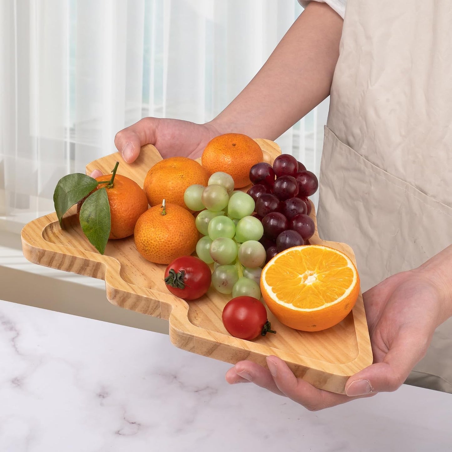 Divided Wood Serving Tray, Rectangular Tray Chip and Dip Platter, Serving Tray with 5 Sections for Appetizers & Snacks, Veggie Platter, Food Trays for Party 12'' x 8.7'' x 0.6''
