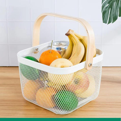AJIODA Metal Mesh Wire Basket, Large Steel Basket with Wooden Handle Storage Organizer Basket Multi-functional Hanging Kitchen Baskets Fruit Baskets for Kitchen Bathroom Cabinet Pantry Snacks, Black