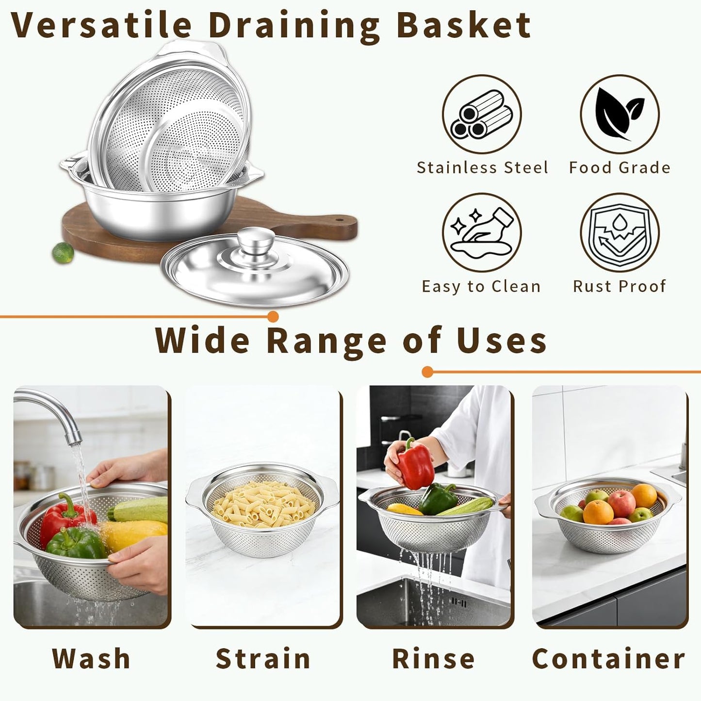 3-in-1 Stainless Steel Colander with Bowl Set – 11.4 Inch Large Fruit Washing Basket & Food Strainer, Multifunctional Drain Basket for Kitchen, Pasta, Vegetable, Rice