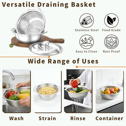 3-in-1 Stainless Steel Colander with Bowl Set – 11.4 Inch Large Fruit Washing Basket & Food Strainer, Multifunctional Drain Basket for Kitchen, Pasta, Vegetable, Rice