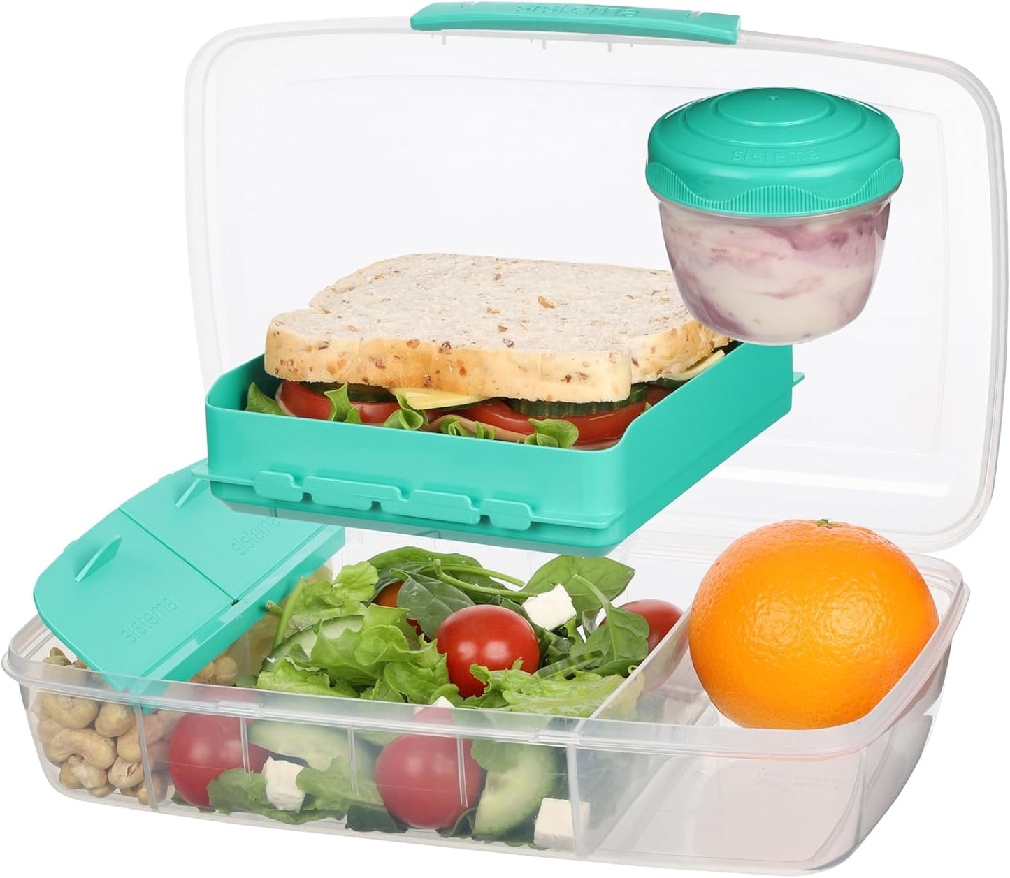 Sistema Bento Box Adult Lunch Box with 3 Compartments, 2 Removable Trays, and Salad Dressing Container, Dishwasher Safe, Color May Vary, 42 oz./1.25L Size (Pack of 4)