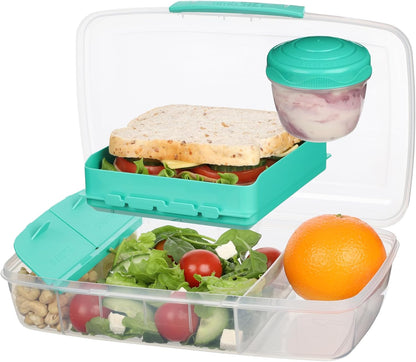 Sistema Bento Box Adult Lunch Box with 3 Compartments, 2 Removable Trays, and Salad Dressing Container, Dishwasher Safe, Color May Vary, 42 oz./1.25L Size (Pack of 4)
