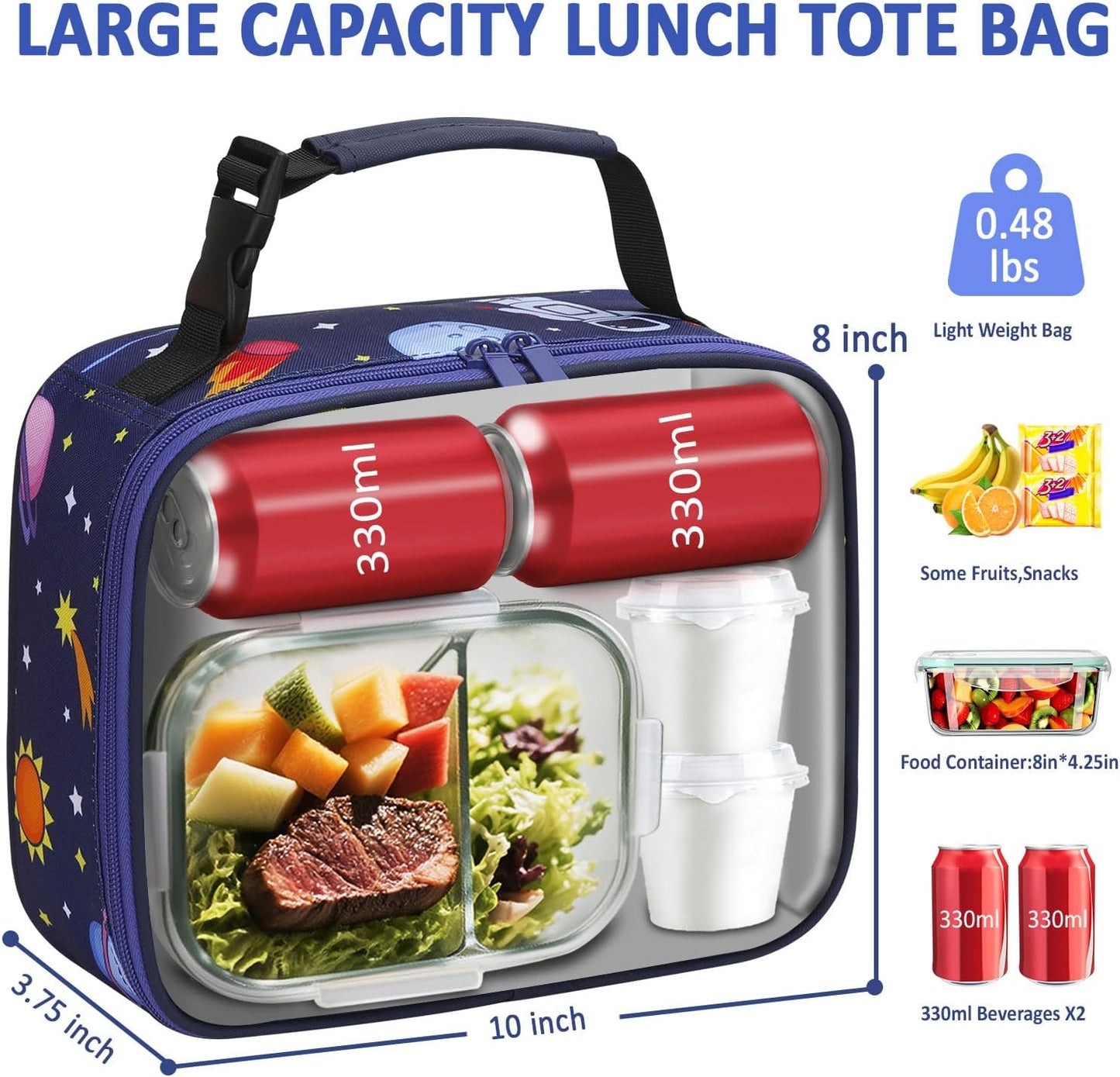 Lunch Box Kids Insulated Lunch Bag for Boys Girls Cute Reusable Lunch Tote Bag Waterproof Portable Thermal Lunch Box Kids for School Picnic Travel Black