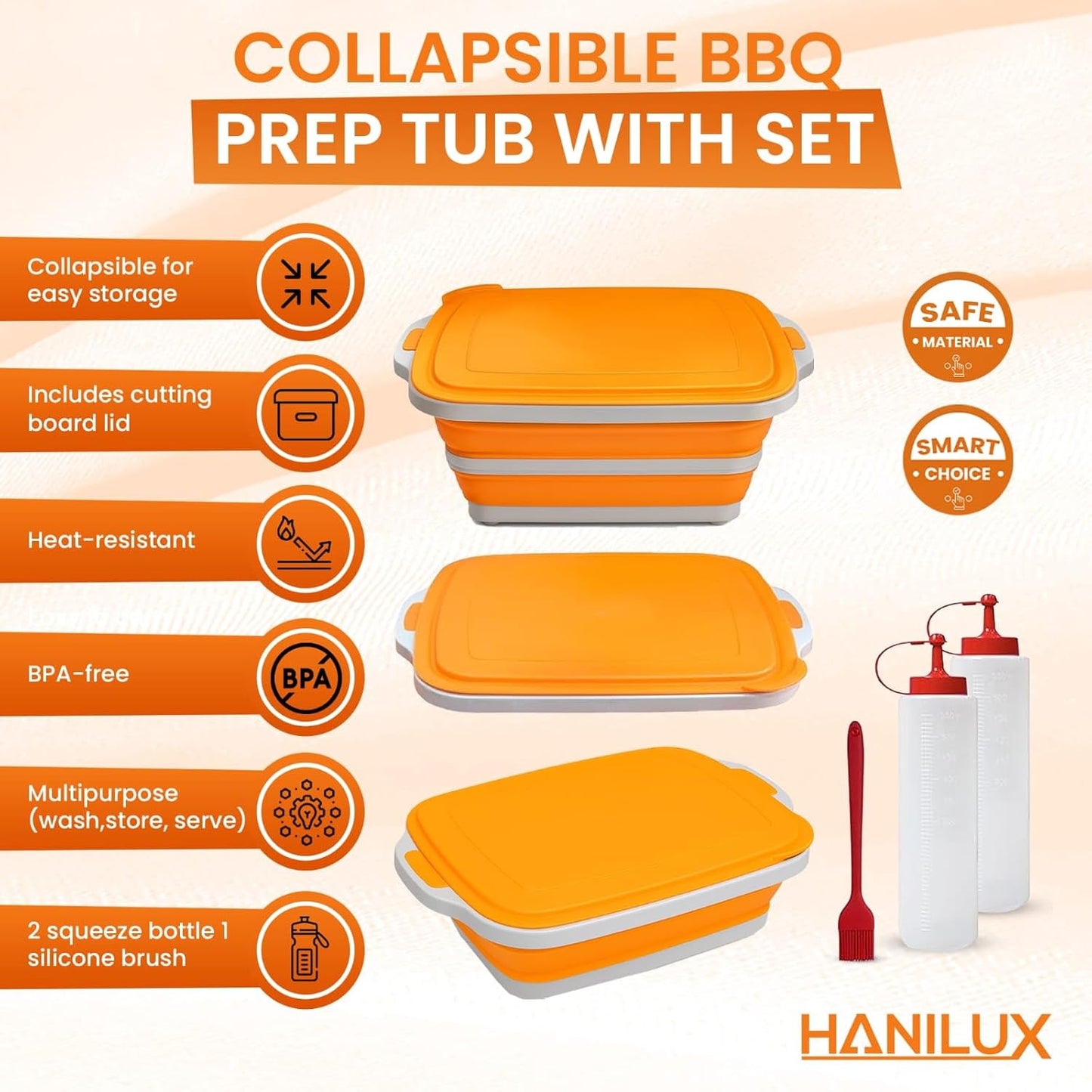 Collapsible BBQ Prep Tub, (8L) Meal prep, Marinating Food Container, Folding Cutting Board, Multi-Function Grill Caddy W/Bulit-In Colander & Lid, 2 Squeeze Bottles1 Silicone Brush for Picnic- Camping-