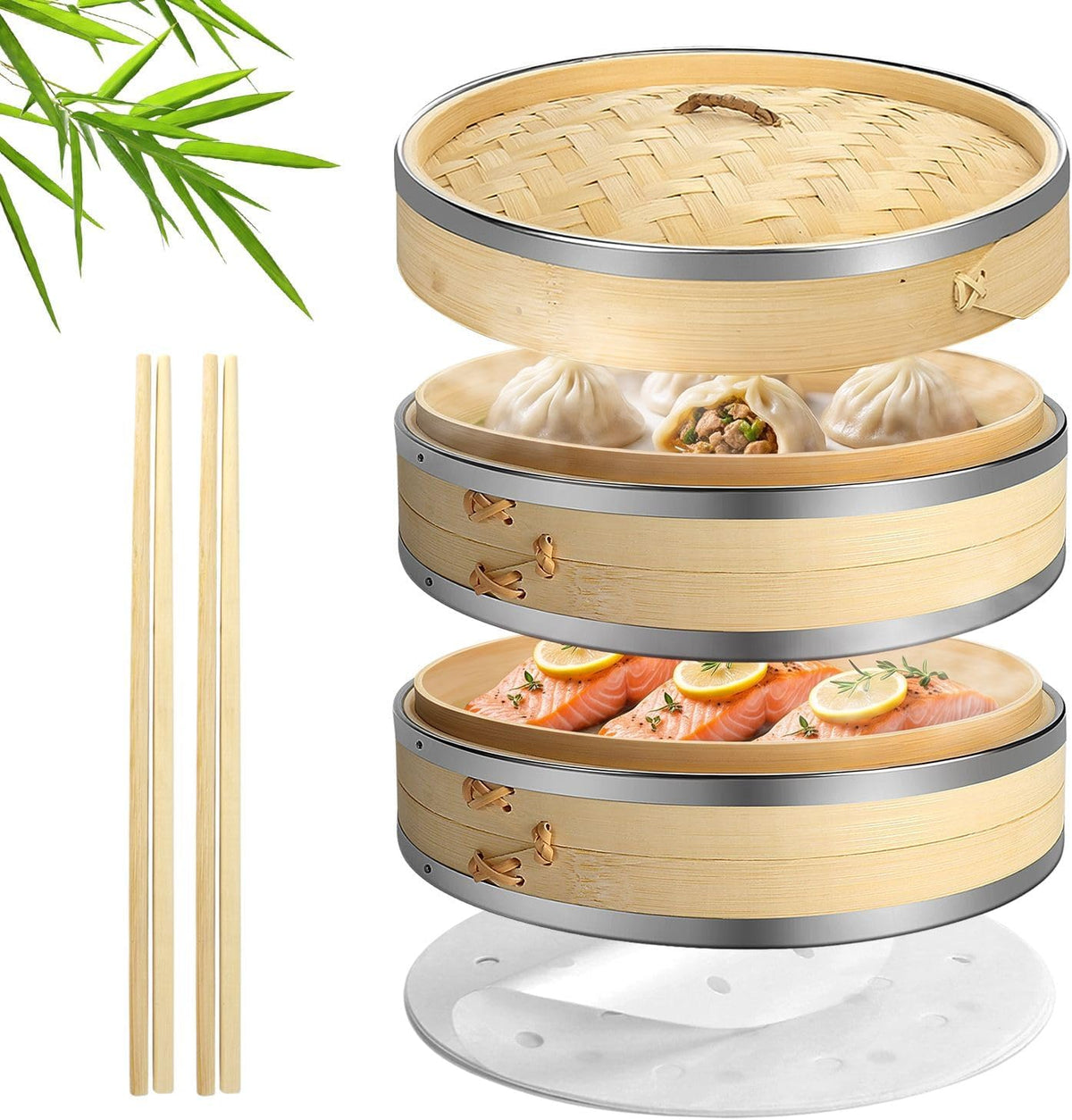 Flexzion Bamboo Steamer Basket Set (8 inch), 50 x Steamer Liners and 2 Pairs of Chopsticks, Steam Baskets for DimSum Dumplings, Rice, Vegetables, Fish and Meat