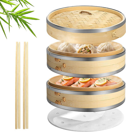 Flexzion Bamboo Steamer Basket Set (8 inch), 50 x Steamer Liners and 2 Pairs of Chopsticks, Steam Baskets for DimSum Dumplings, Rice, Vegetables, Fish and Meat