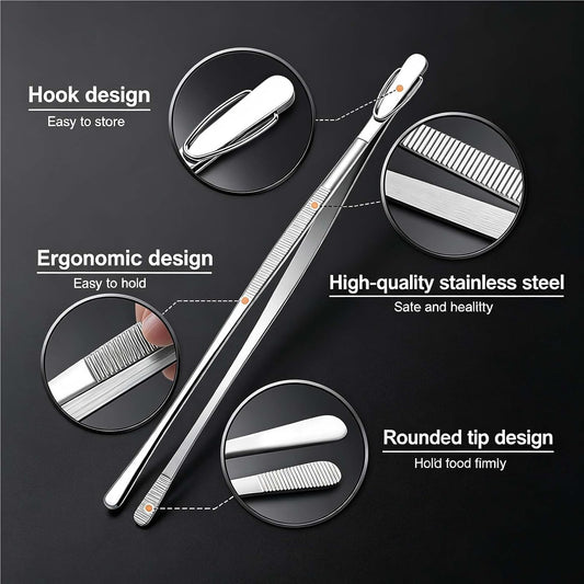 Kitchen Tongs, 12‑Inch Stainless Steel Tweezer Tongs for Cooking BBQ