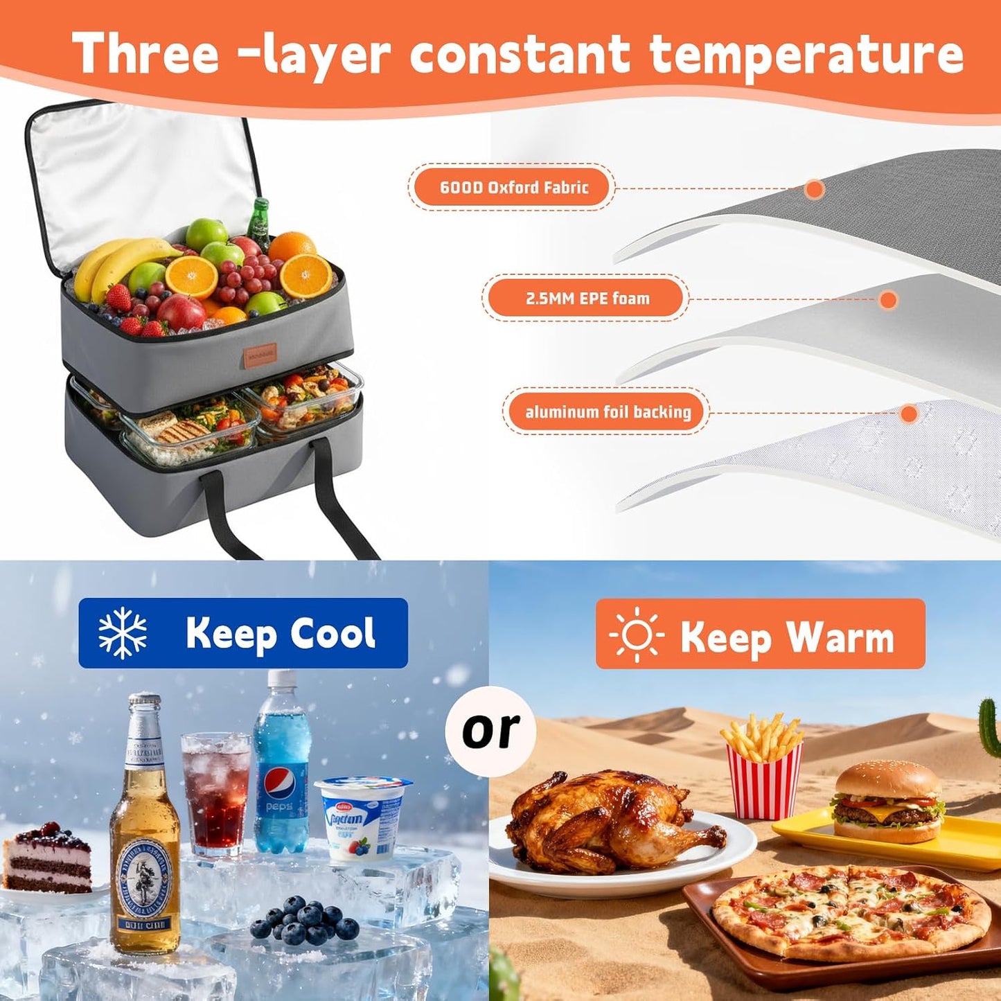Insulated Casserole Carrier, Double Decker Food Carriers for Hot or Cold Food, Portable Leakproof Thermal Bag for Travel/Potluck Parties/Picnic/Cookouts (Red)