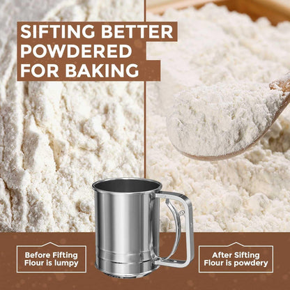Stainless Steel 3 Cups Hand Press Flour Sifter for Baking