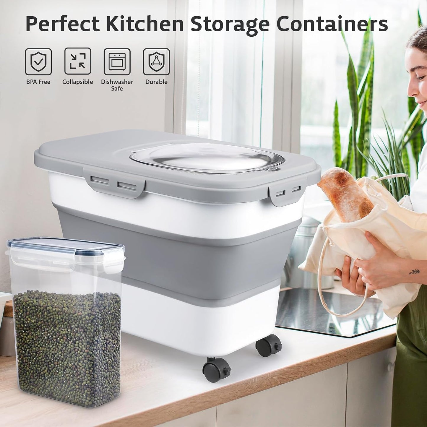 Komzon Rice Storage Containers, Collapsible 20 to 30Lbs Food Storage Bin Dispenser with Rolling Wheel and Clear Airtight Lid, BPA Free Flour, Sugar, Cereal and Dog Cat Pet food Containers