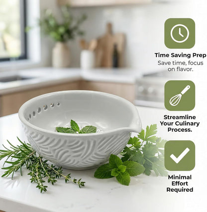Ceramic Herb Stripper and Garlic Ginger Grater Bowl, 3-in-1 Kitchen Tool