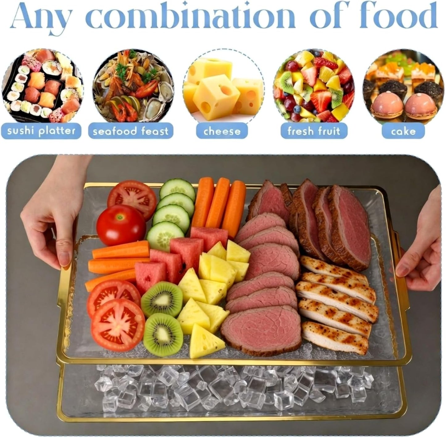 Baderke 16" x 9" Chilled Serving Tray for Parties with Compartments Ice Chilled Party Crudite Platter Charcuterie Serving Board Cold Dish Dip with Tableware for Seafood Vegetable(Silver Glitter)