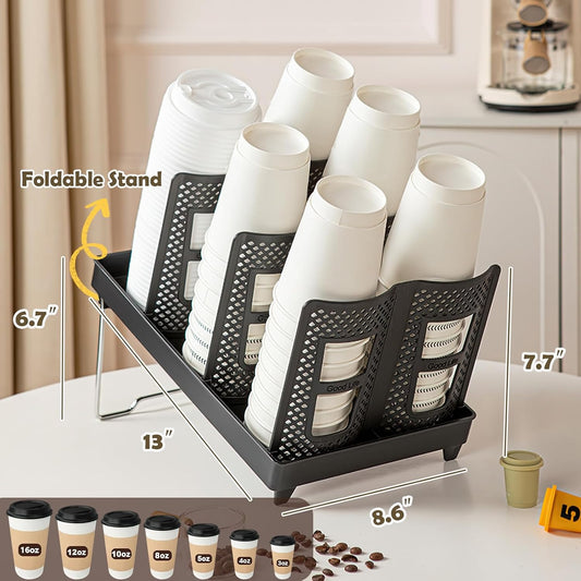 Adjustable Cup and Lid Holder,Disposable Coffee Cup Dispenser Storage Organizer,6-Slot Paper Cups Dispenser for Coffee Station Countertop Office Bar Kitchen,Black