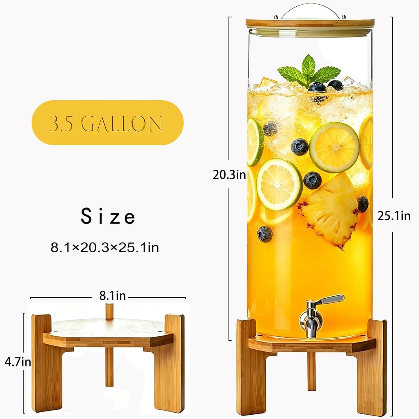 Beverage Dispenser, 4Gallon Glass Drink Dispenser with Stand, Stainless Steel Spigot, Ideal for Parties, Bars, Restaurants (15L/4 Gallon)
