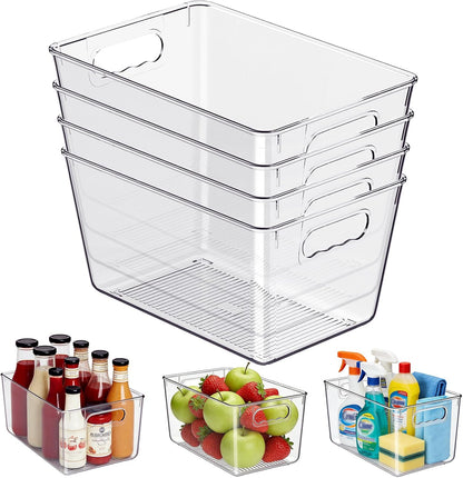 Clear Plastic Storage Bins, 4-Pack Stackable Pantry Organizers and Storage Containers for Kitchen, Fridge, Cabinet and Closet Organization - Home Essentials