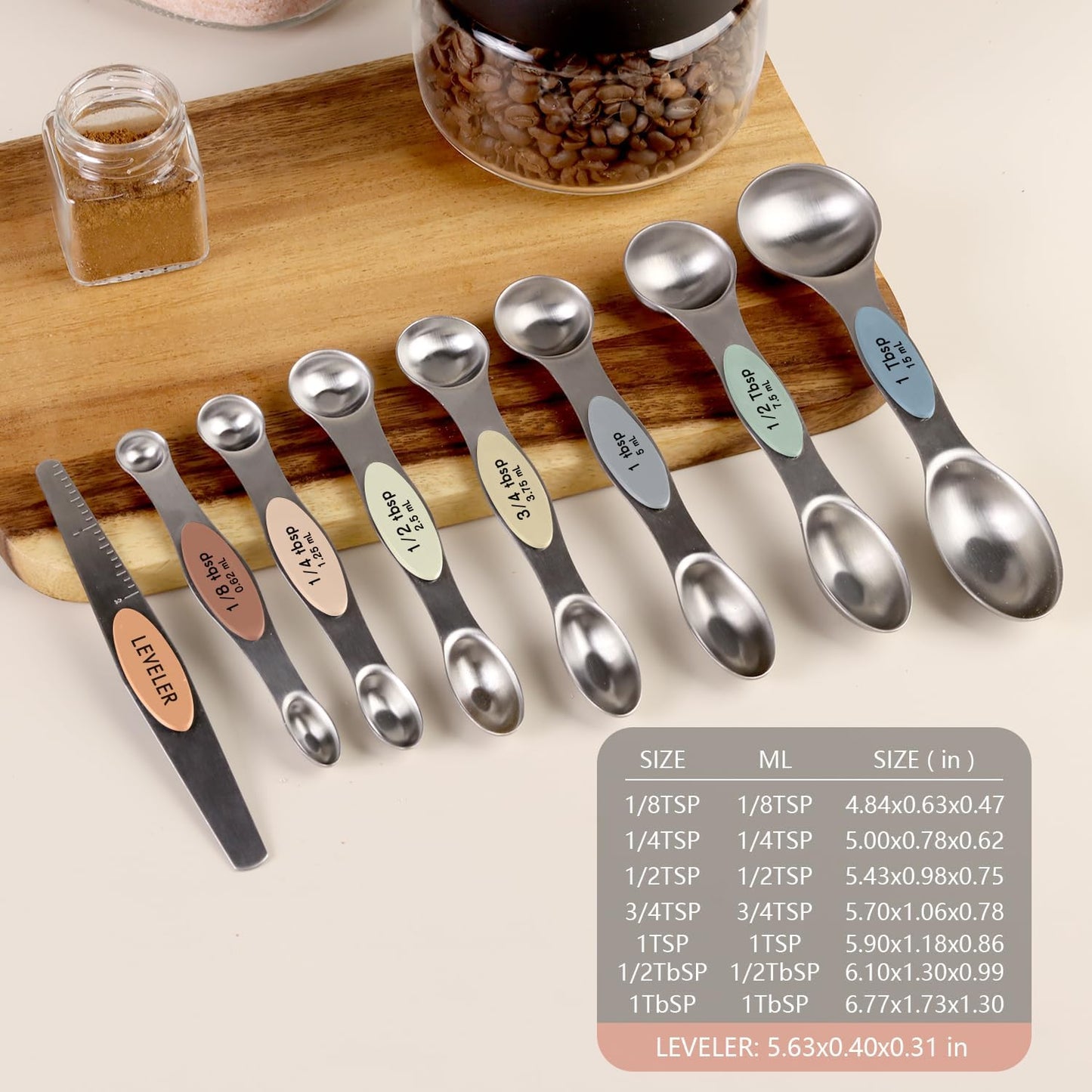ChefAide Pack of 8 Stainless Steel Magnetic Measuring Spoons Set, Dual Sided, Stackable, Adjustable Teaspoon and Tablespoon Measure Spoon with Leveler, Kitchen Gadgets