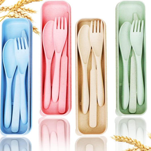 Reusable Travel Cutlery Set with Case, 4-Pack Wheat Straw Portable Knife Fork Spoon Set, BPA-Free Eco-Friendly Utensils for Kids & Adults, Picnic & Camping (Green, Beige, Pink, Blue)