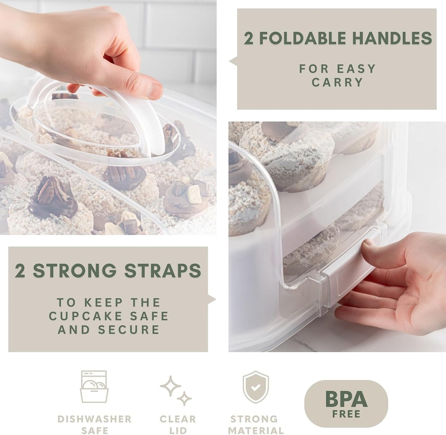 EXTRA TALL DOME 24 Cupcake Carrier, Green Cupcake Holder Carries 24 Cupcake Storage Container, Muffin Traveler Two Tier Stand Reusable Cupcake Box