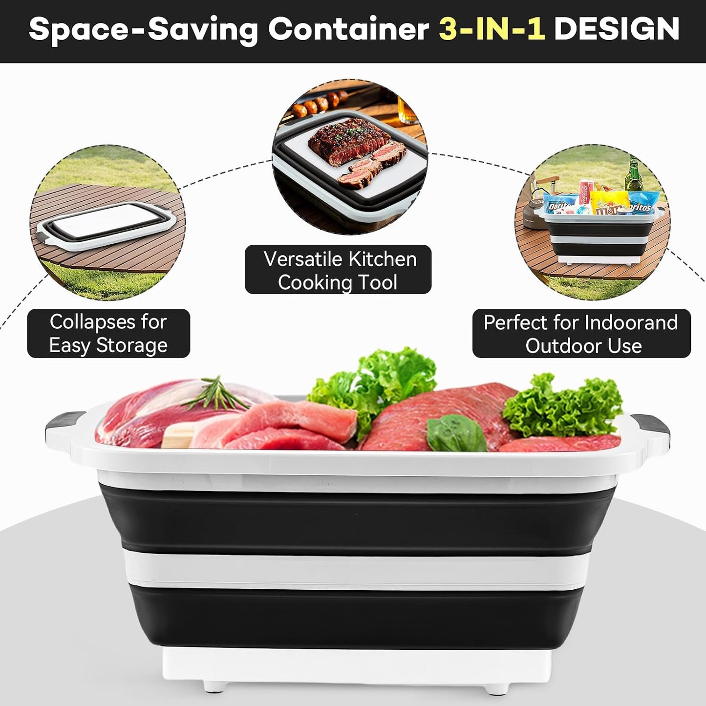 Collapsible Cutting Board with BBQ Prep Tub and Lid, Foldable Food Prep Container for Meal Prep, Marinating, Food Storage, Grilling, Camping and Outdoor Cooking, Dishwasher Safe, Black XX-Large