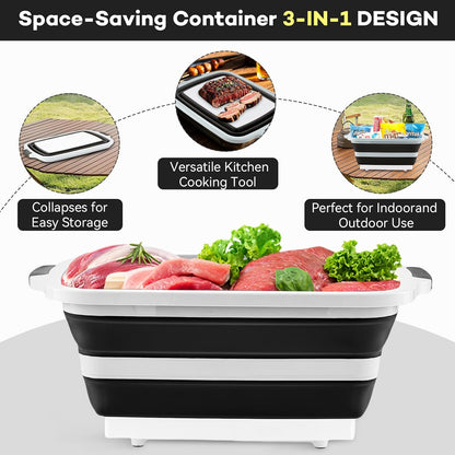 Collapsible Cutting Board with BBQ Prep Tub and Lid, Foldable Food Prep Container for Meal Prep, Marinating, Food Storage, Grilling, Camping and Outdoor Cooking, Dishwasher Safe, Black XX-Large