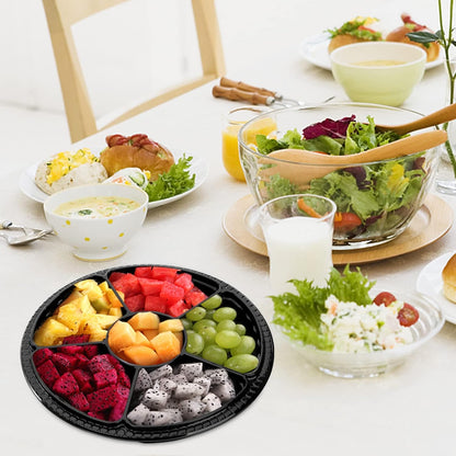 Lawei 30 Pack Plastic Appetizer Trays with Clear Lid, Round Stackable Serving Party Trays, 12 in Banquet Catering Fruit Vegetable Tray, Reusable 6 Divided Food Snack Dip Platter for Outdoor Buffet