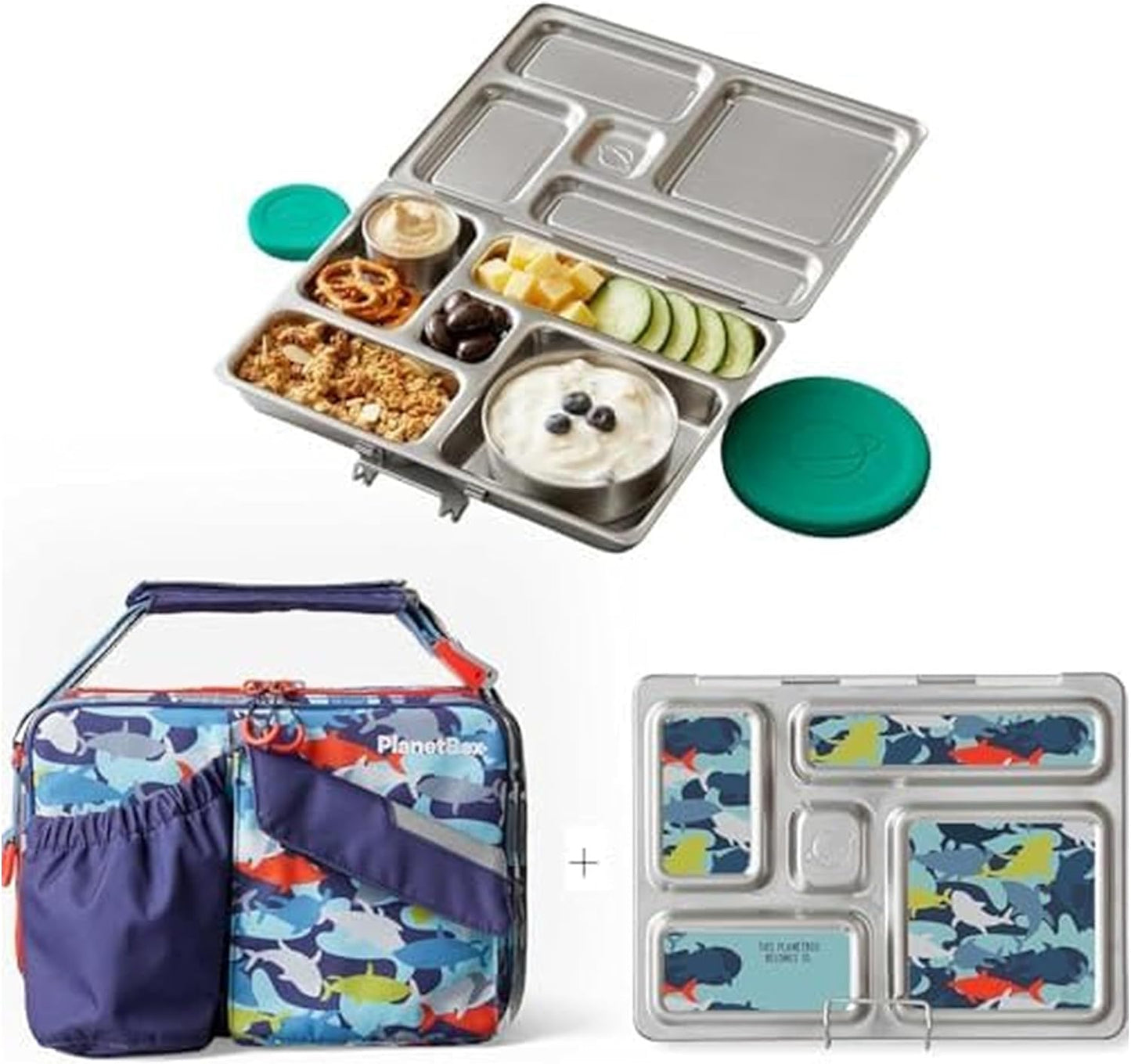 PlanetBox Rover Stainless Steel Bento Box Style Lunch Box Kit for Kids with 5 Compartments – Space Animals Edition includes Insulated Lunch Bag, Leakproof Food Containers and Matching Magnets