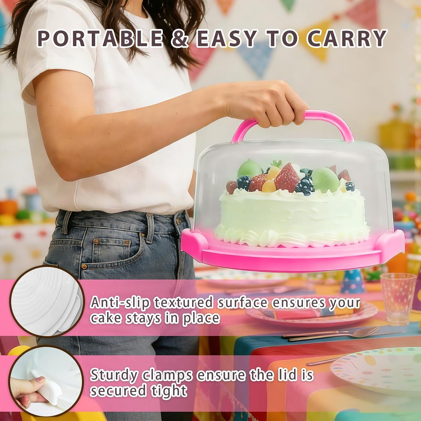 Plastic Cake Carrier with Lid and Handle, Multipurpose Cake Stand Holder Container for 11 in Cake, Round Cupcake Storage Box Serving Tray with Cover for Bundt Dessert Pie Pizza Eggs Fruit White