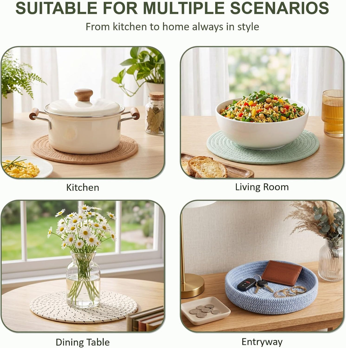 Large Trivets for Hot Dishes, Pots and Pans, Hot Pads with Storage Basket, Pot Holders for Kitchen, Heat Resistant Mats Protect Countertop, Coasters Set Home Essentials Farmhouse Decor 9 Inches 5Pcs