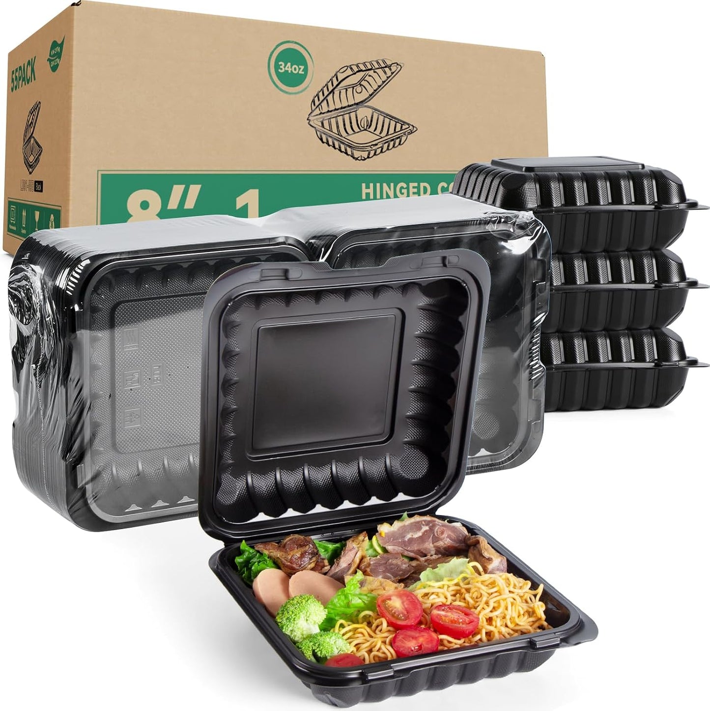 Takeout Container Mineral Filled PP Plastic - 7.8 Inch 30oz 65 Pack BPA Free 3 Compartments Shrink Wrap Bento Box | Freezer & Microwave Safe for Picnic | Black Reusable & Disposable Containers