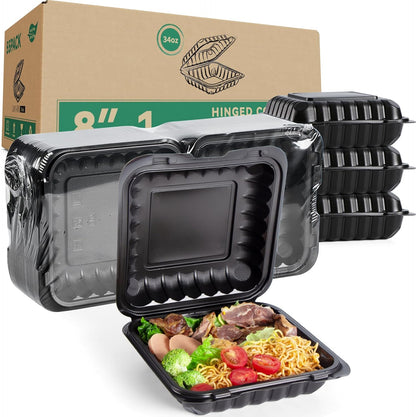 Takeout Container Mineral Filled PP Plastic - 7.8 Inch 30oz 65 Pack BPA Free 3 Compartments Shrink Wrap Bento Box | Freezer & Microwave Safe for Picnic | Black Reusable & Disposable Containers
