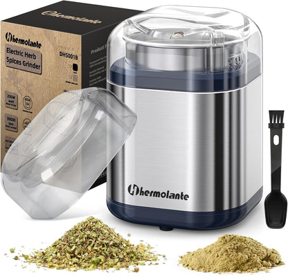 Hermolante Herb Grinder Spice Grinder, 200 w Herb Grinder with Stainless Steel Blade and Cleaning Brush, Compact Size Electric Grinder for Herbs and Spices -5.11in (Black)
