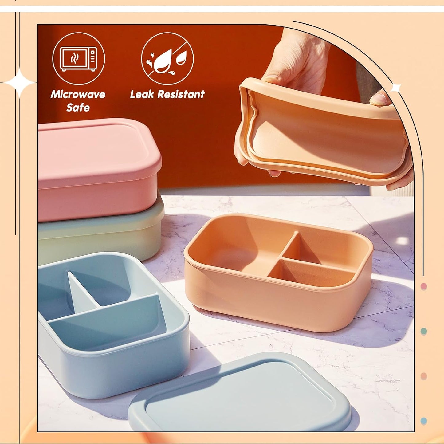 Layhit 4 Pcs Silicone Bento Box for Adults, 27 oz Bento Lunch Container Reusable 3 Compartment Lunchable Food Container for Women Men, Leak Proof Microwave Dishwasher Freezer Safe (Cool Colors)