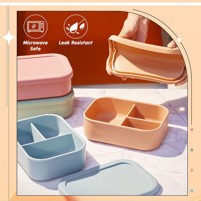 Layhit 4 Pcs Silicone Bento Box for Adults, 27 oz Bento Lunch Container Reusable 3 Compartment Lunchable Food Container for Women Men, Leak Proof Microwave Dishwasher Freezer Safe (Cool Colors)